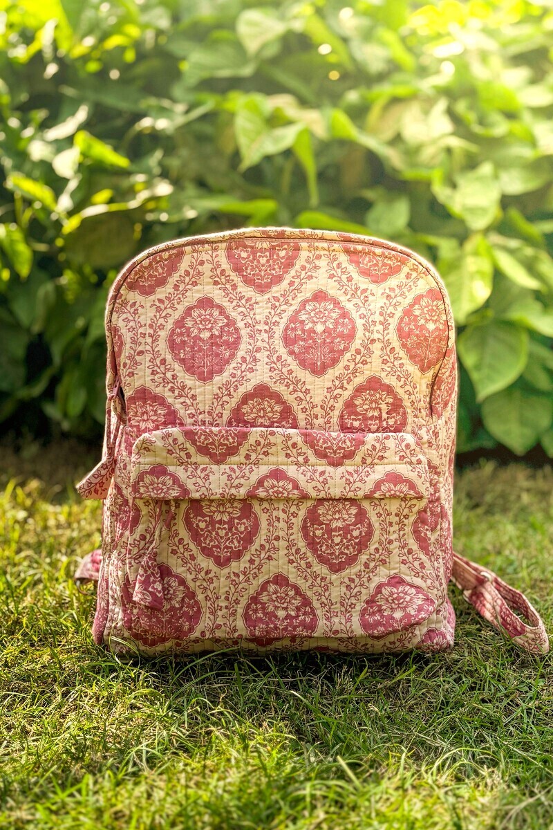 Pink Hand Printed Cotton Slub Backpack