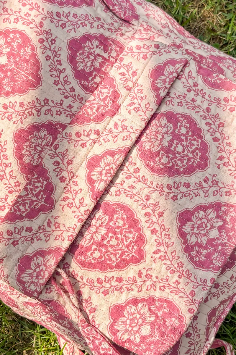 Pink Hand Printed Cotton Slub Backpack