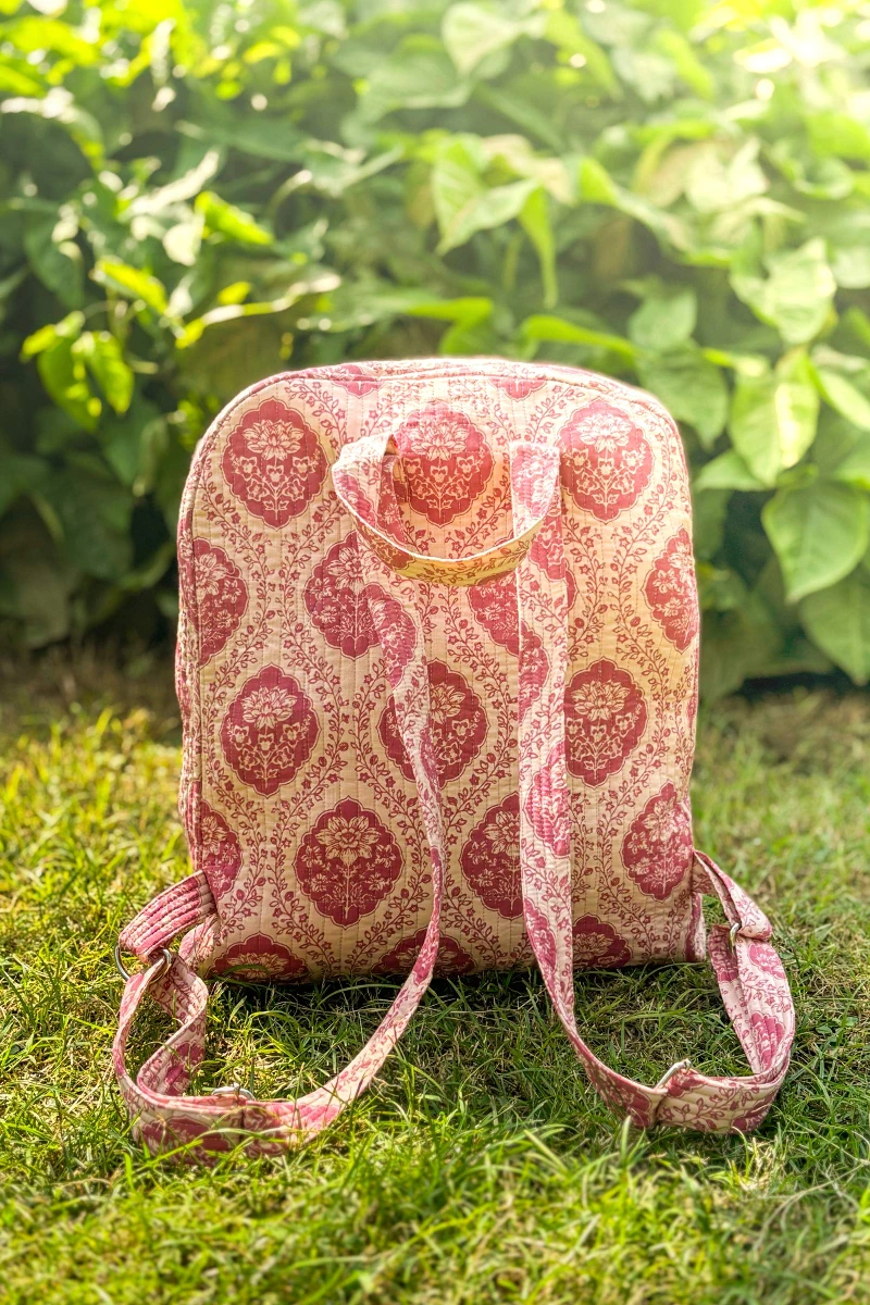 Pink Hand Printed Cotton Slub Backpack