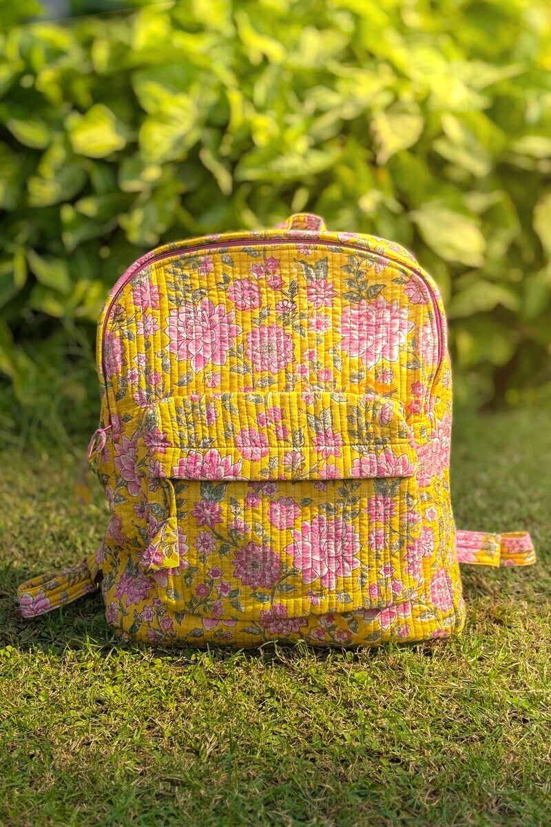 Yellow Hand Block Printed Cotton Backpack