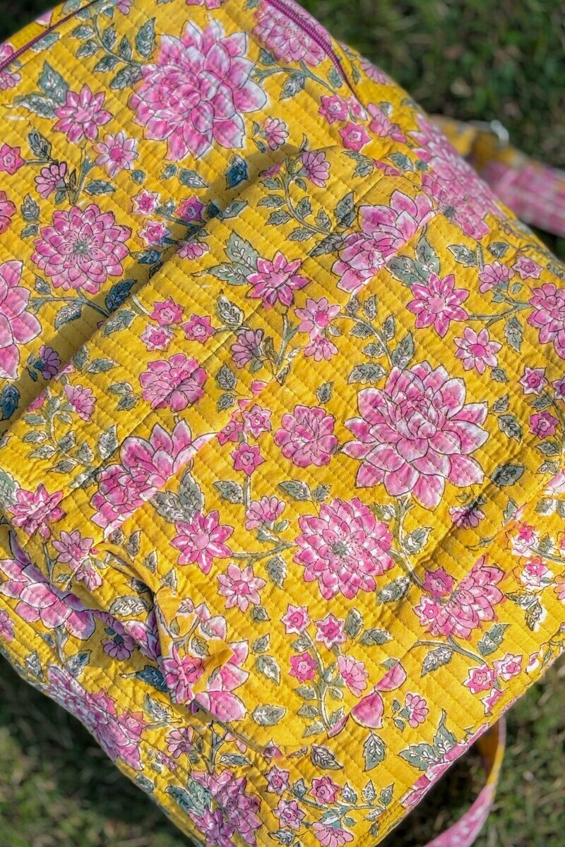 Yellow Hand Block Printed Cotton Backpack