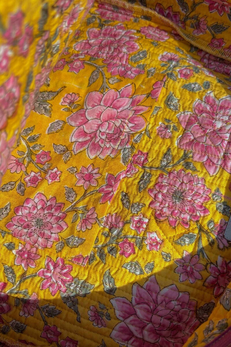 Yellow Hand Block Printed Cotton Backpack