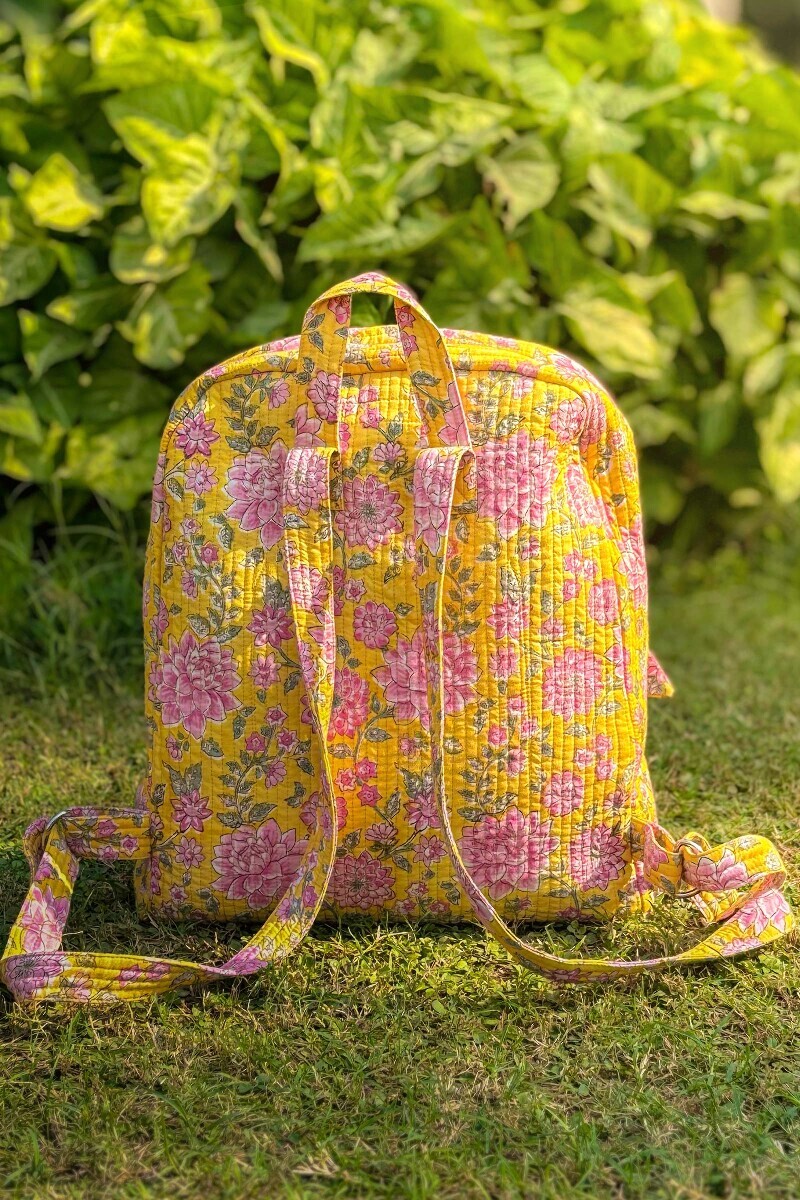 Yellow Hand Block Printed Cotton Backpack
