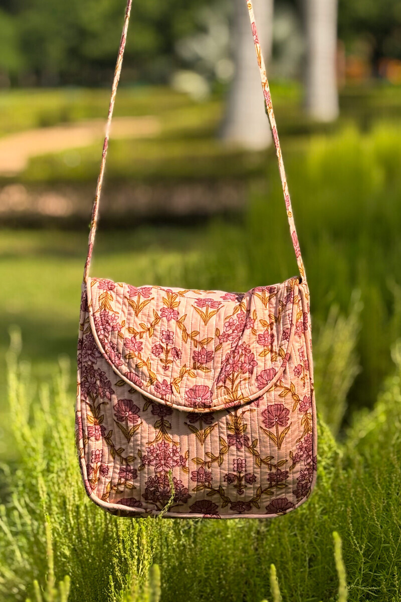 Peach Hand Printed Ram Buta Cross Body Bag
