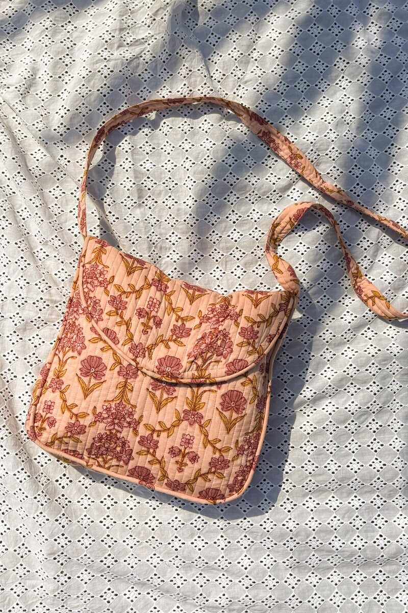 Peach Hand Printed Ram Buta Cross Body Bag