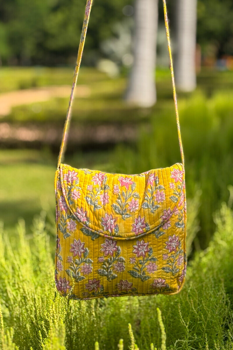 Peach Hand Block Printed Cotton Cross Body Bag