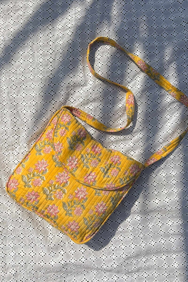 Peach Hand Block Printed Cotton Cross Body Bag