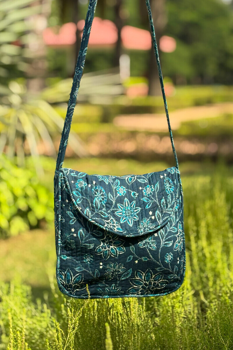 Blue Printed Cotton Cross Body Bag
