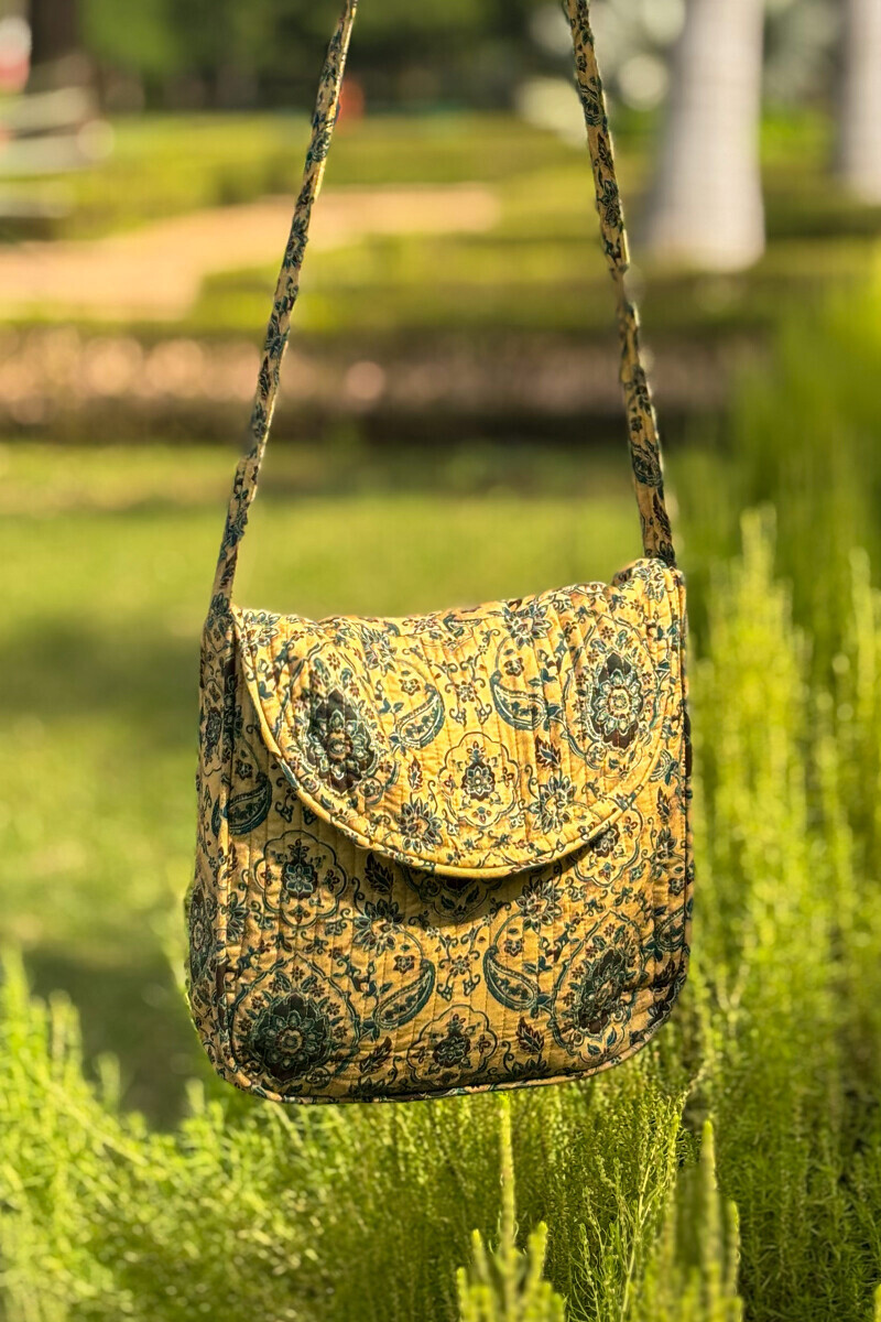  Beige Printed Cotton Cross Body Cotton Bag