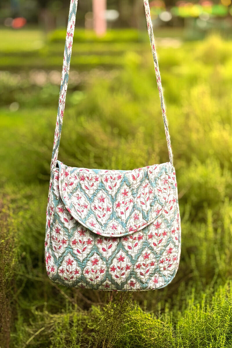 White Hand Block Printed Cotton Cross Body Bag