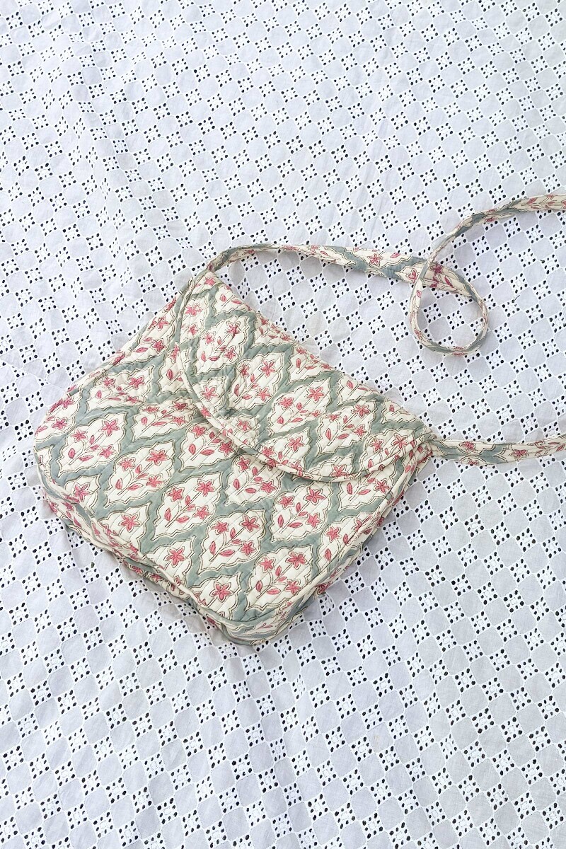 White Hand Block Printed Cotton Cross Body Bag