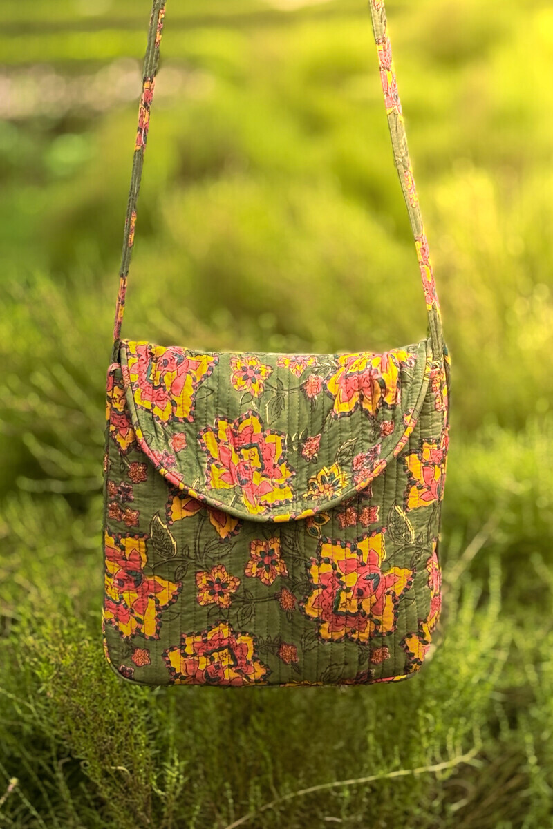 Green Hand Block Printed Cotton Cross Body Bag