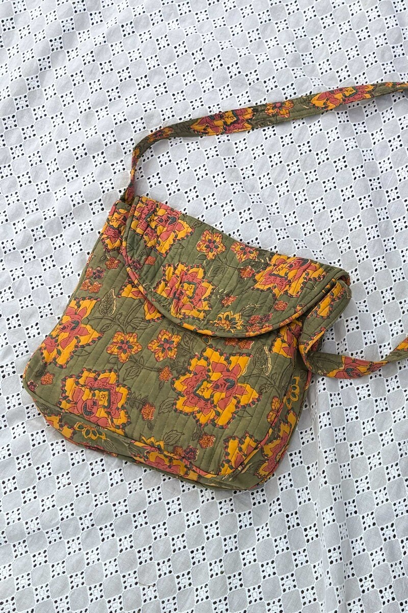 Green Hand Block Printed Cotton Cross Body Bag