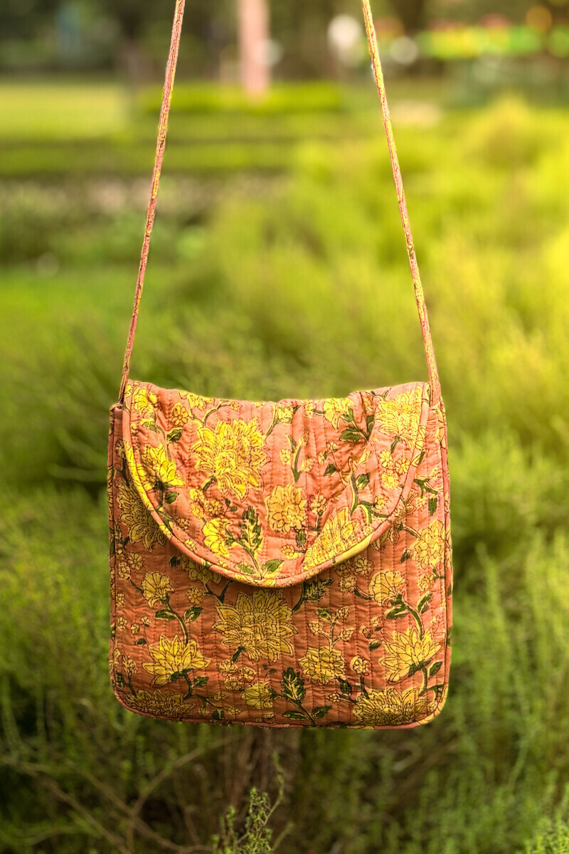 Orange Hand Block Printed Cotton Cross Body Bag