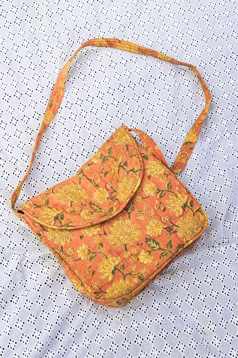 Orange Hand Block Printed Cotton Cross Body Bag