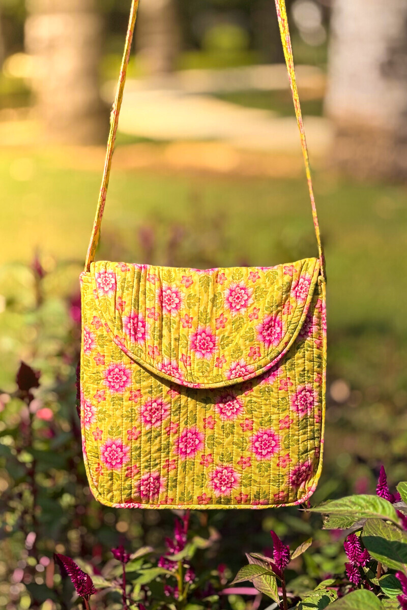 Yellow Printed Cotton Cross Body Bag