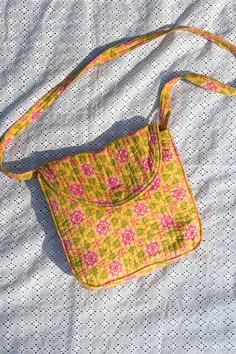Yellow Printed Cotton Cross Body Bag