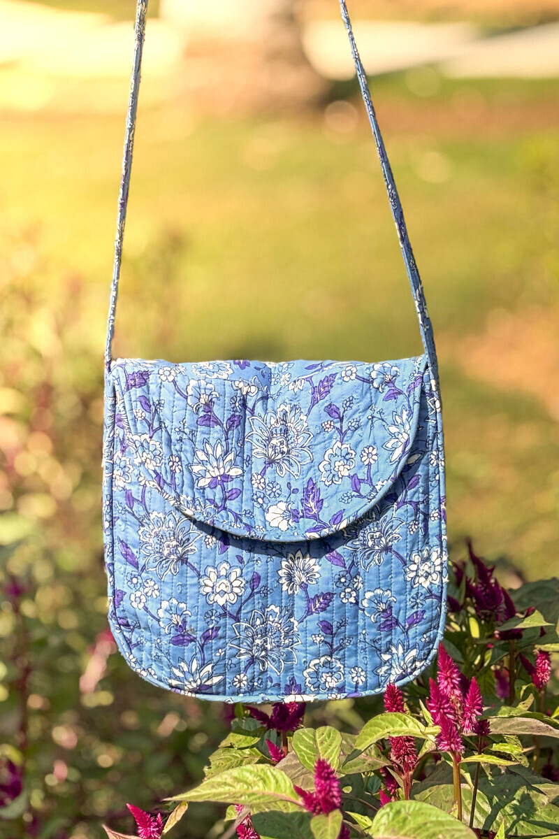 Blue Hand Printed Cotton Dobby Cross Body Bag