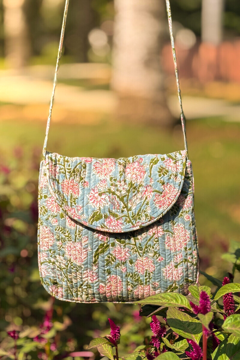 Grey Hand Block Printed Cotton Cross Body Bag