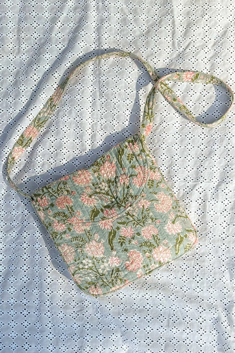 Grey Hand Block Printed Cotton Cross Body Bag