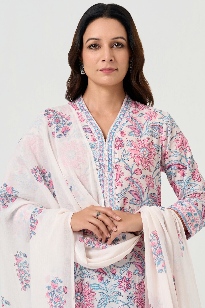 White Hand Block Printed Cotton Mul Dupatta 