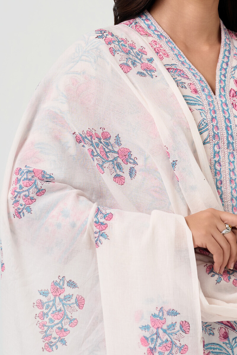 White Hand Block Printed Cotton Mul Dupatta 