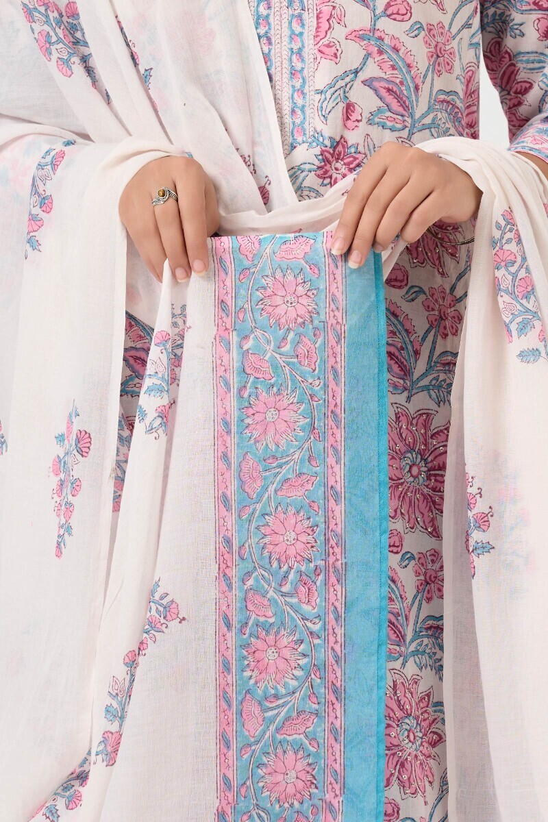 White Hand Block Printed Cotton Mul Dupatta 