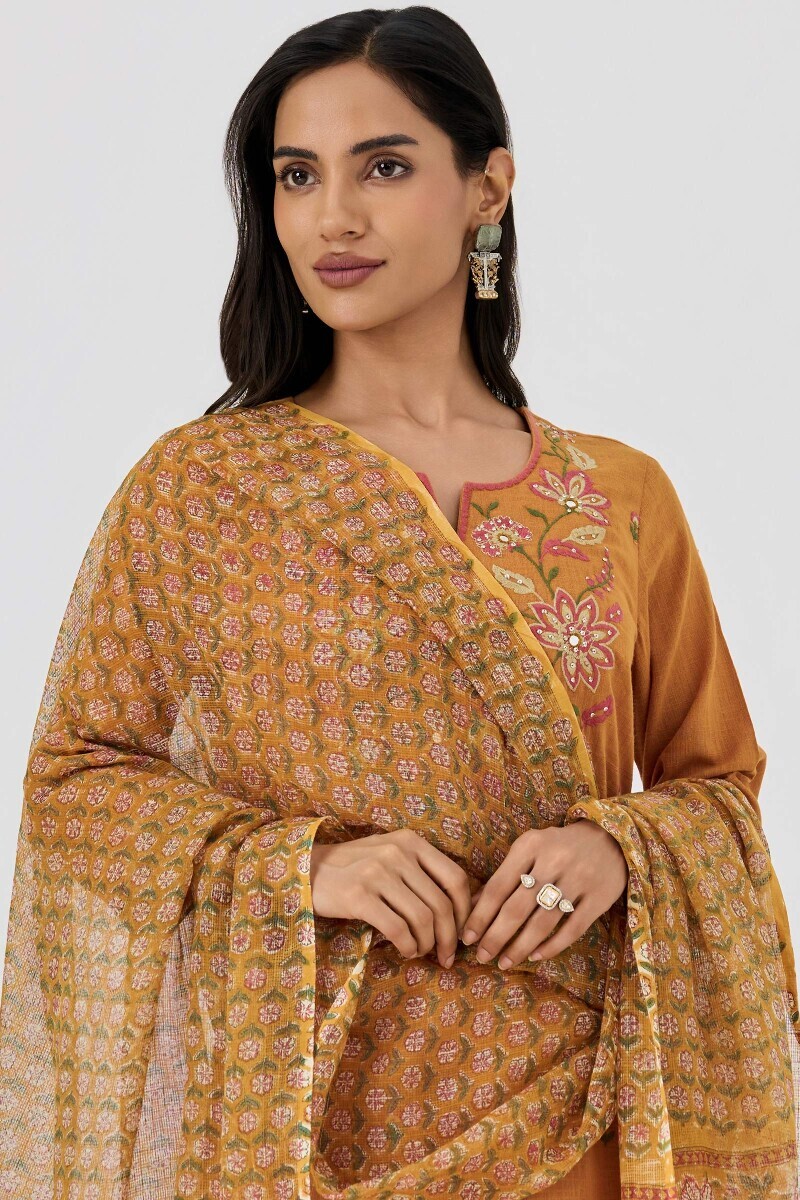 Yellow Hand Block-Printed Kota Dupatta