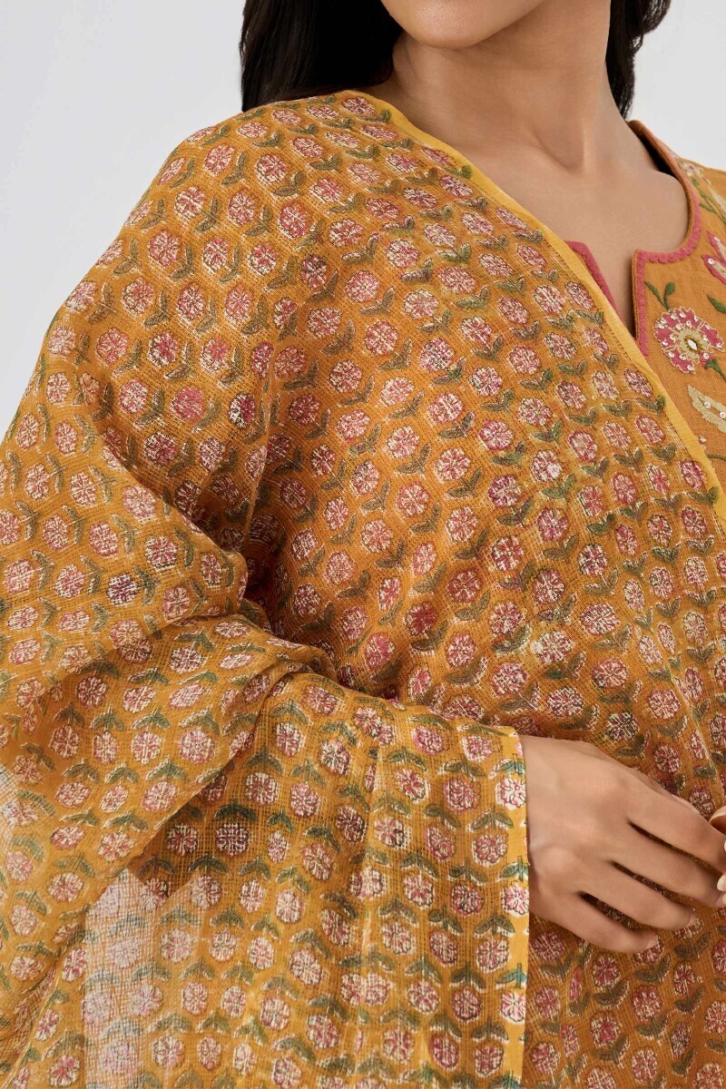Yellow Hand Block-Printed Kota Dupatta