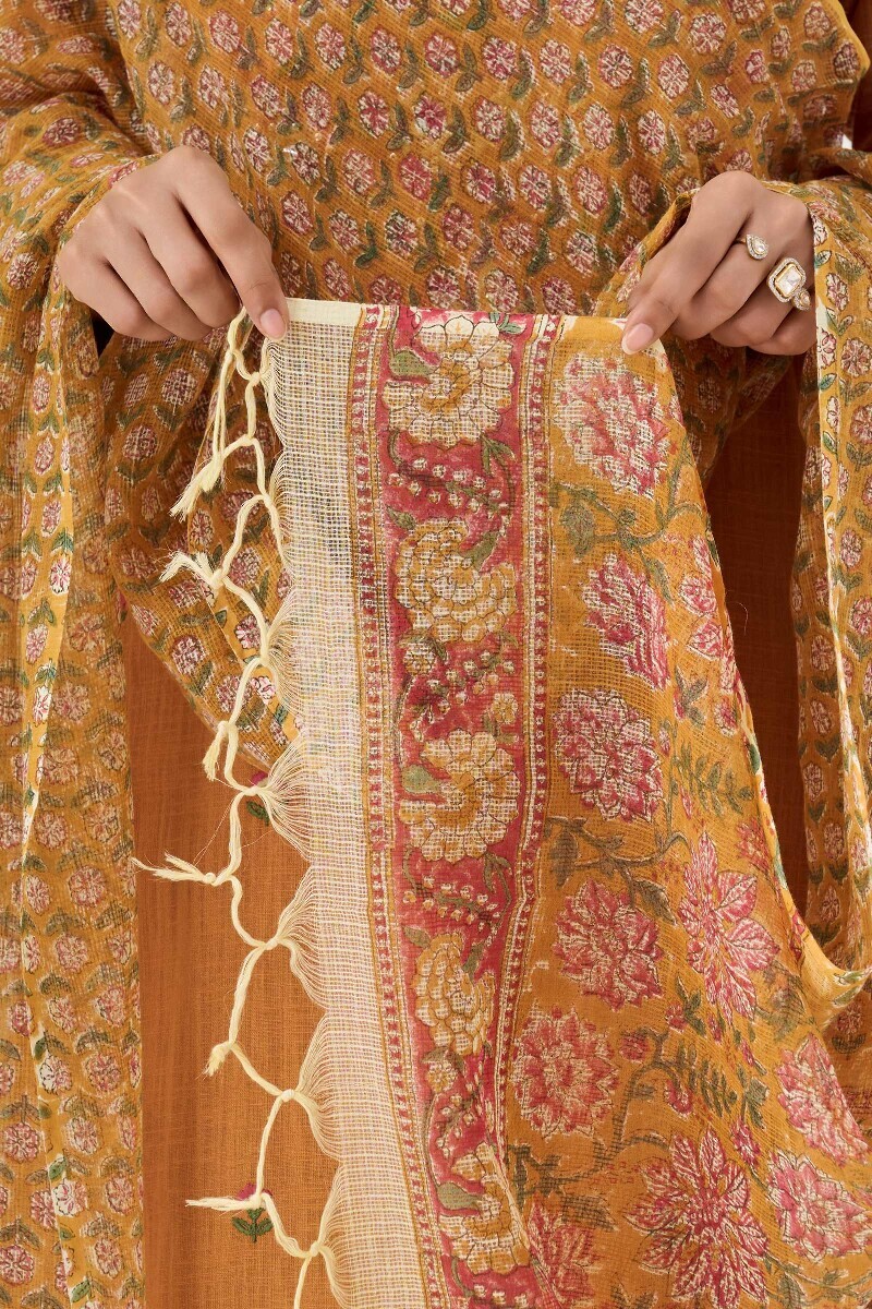 Yellow Hand Block-Printed Kota Dupatta