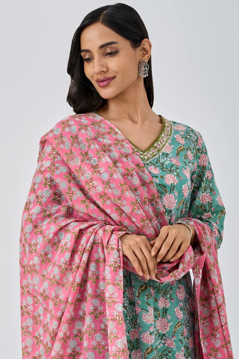 Pink Hand Block-Printed Cotton Mul Dupatta