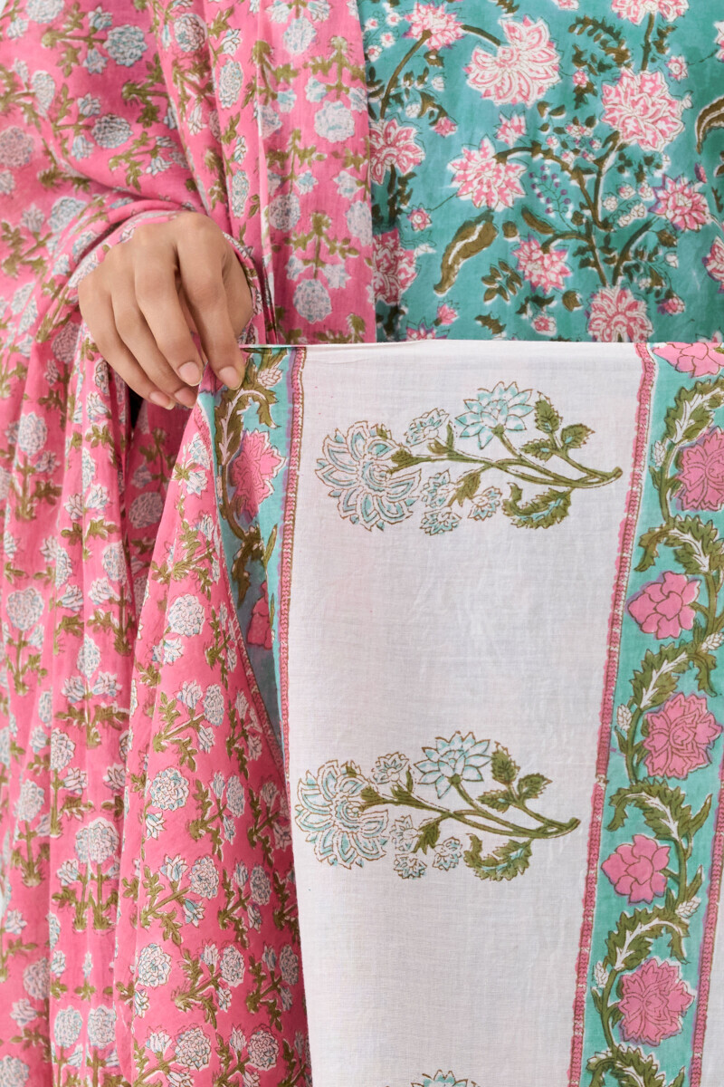 Pink Hand Block-Printed Cotton Mul Dupatta