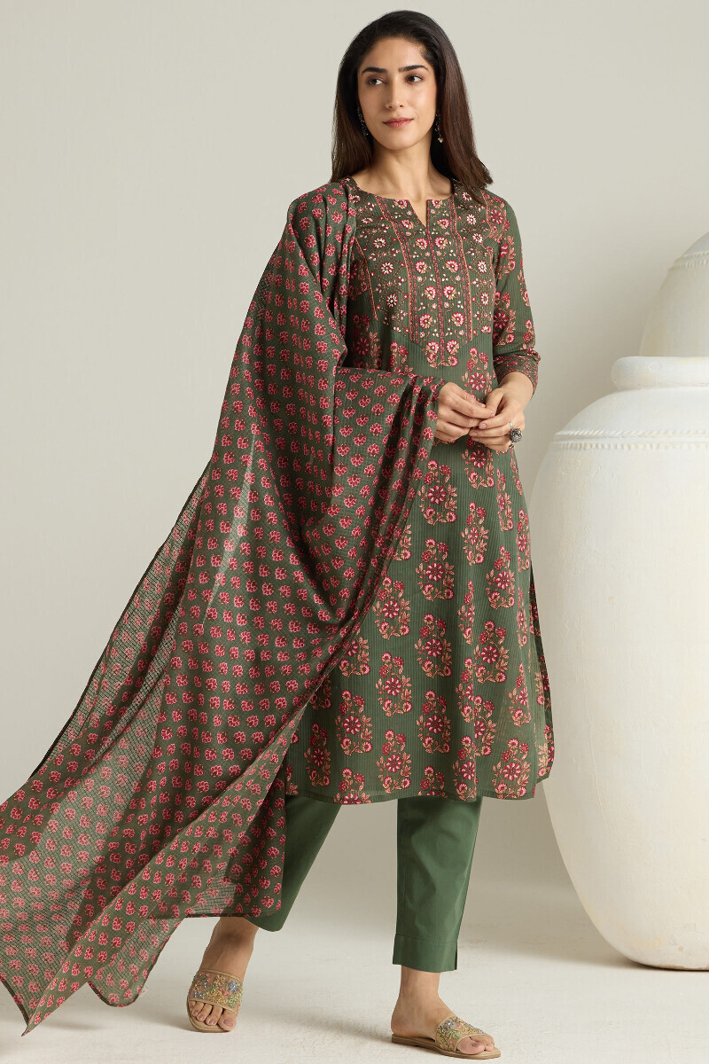 Green Hand Printed Kota Dupatta