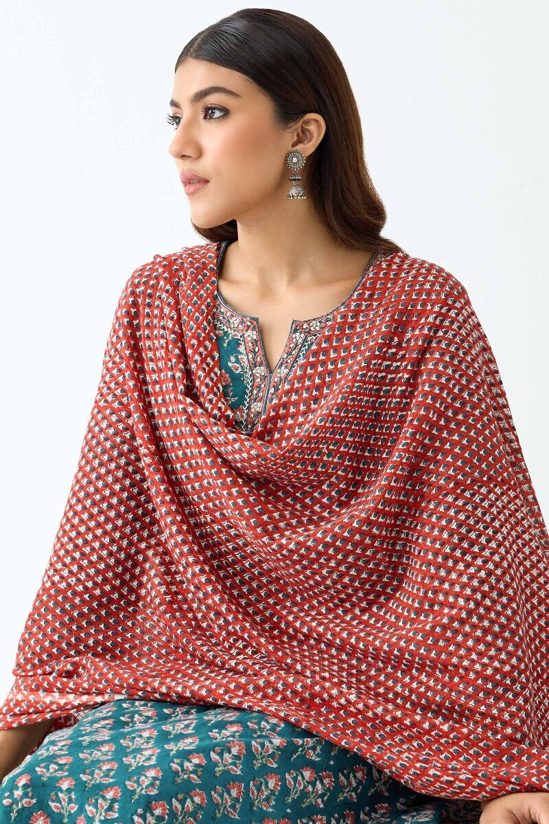 Red Hand Block Printed Kota Dupatta