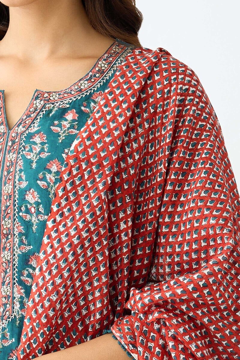 Red Hand Block Printed Kota Dupatta