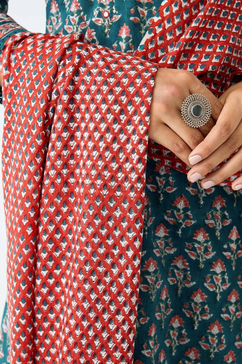 Red Hand Block Printed Kota Dupatta