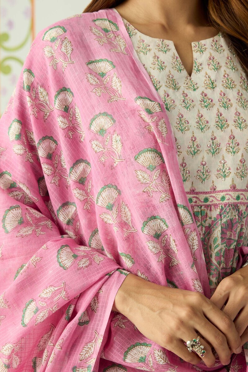 Pink Hand Block Printed Kota Dupatta