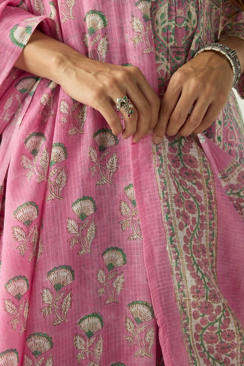 Pink Hand Block Printed Kota Dupatta
