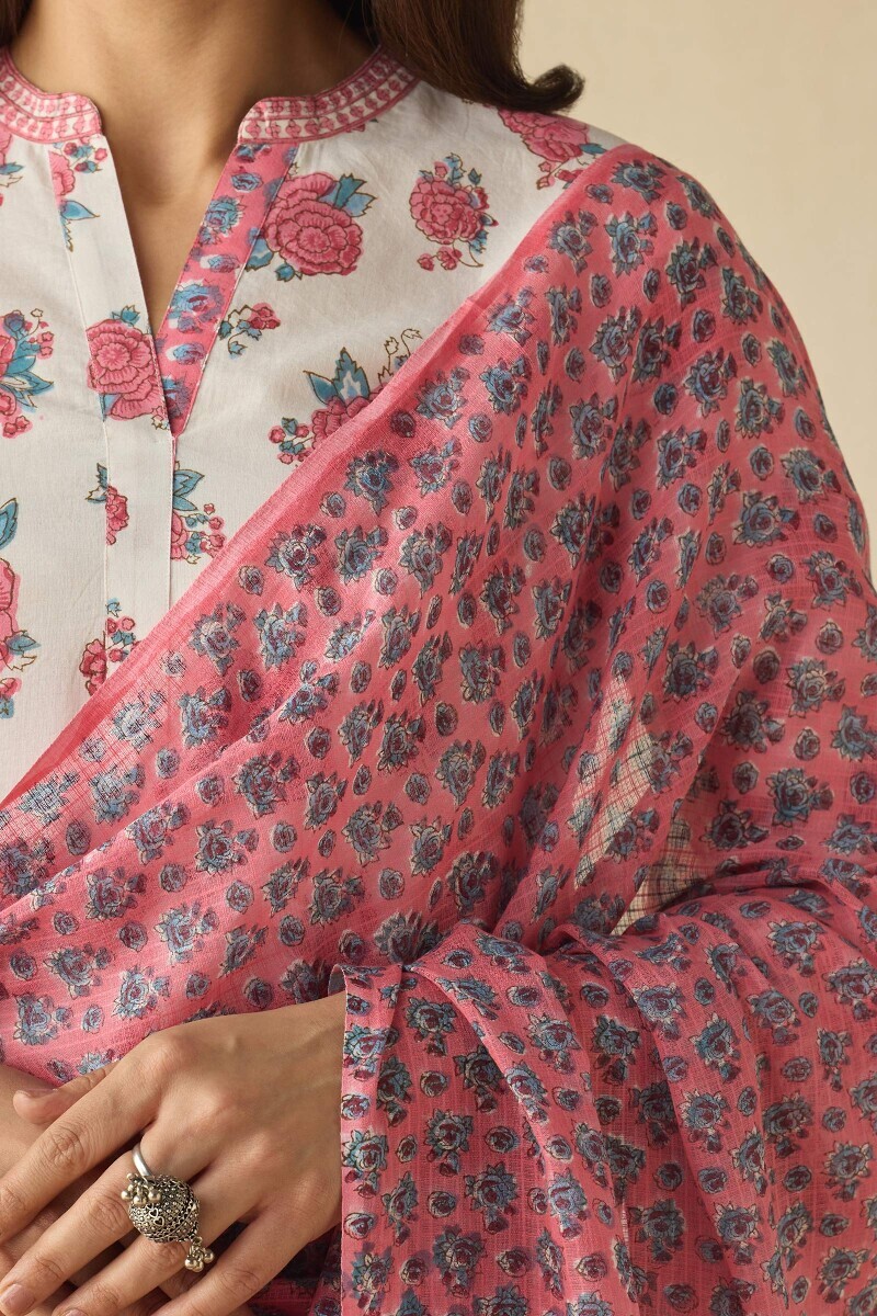 Pink Hand Block Printed Kota Dupatta