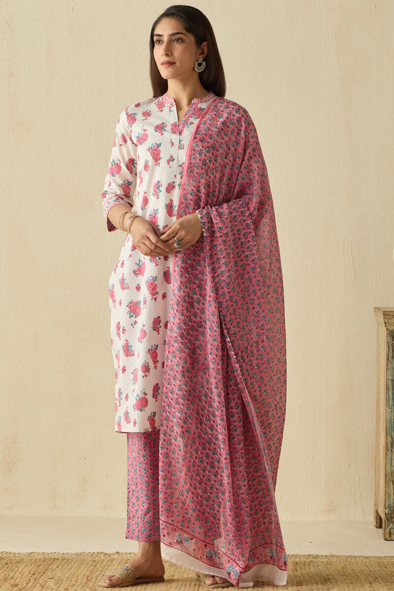 Pink Hand Block Printed Kota Dupatta