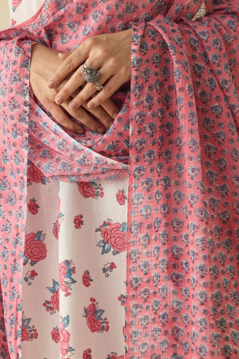 Pink Hand Block Printed Kota Dupatta