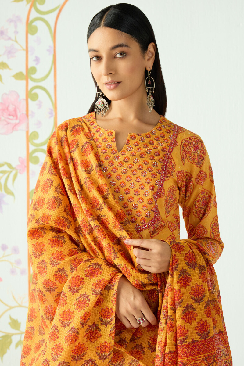 Mustard Hand Printed Kota Dupatta