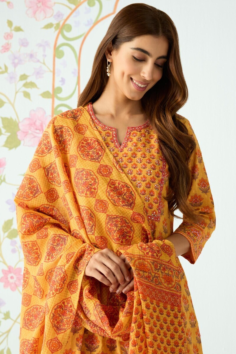 Mustard Hand Printed Kota Dupatta