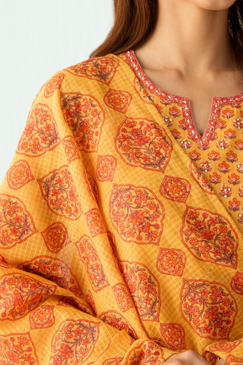 Mustard Hand Printed Kota Dupatta
