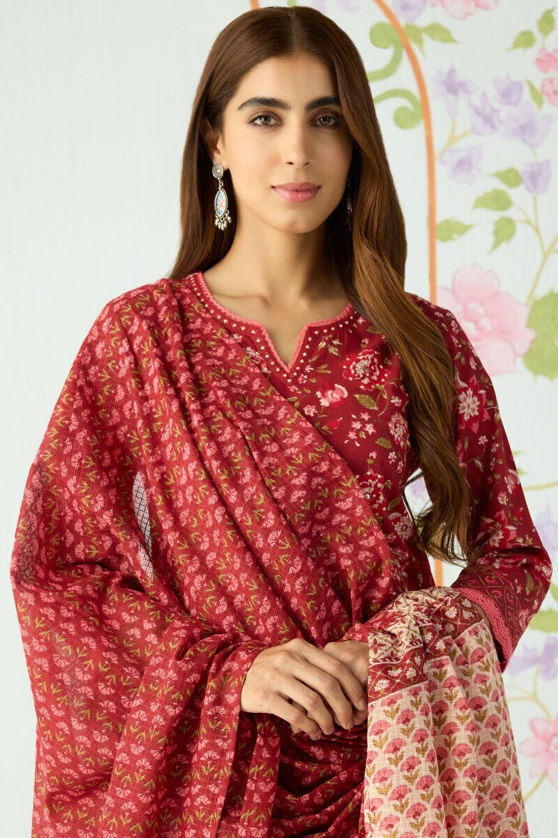 Maroon Hand Printed Kota Dupatta