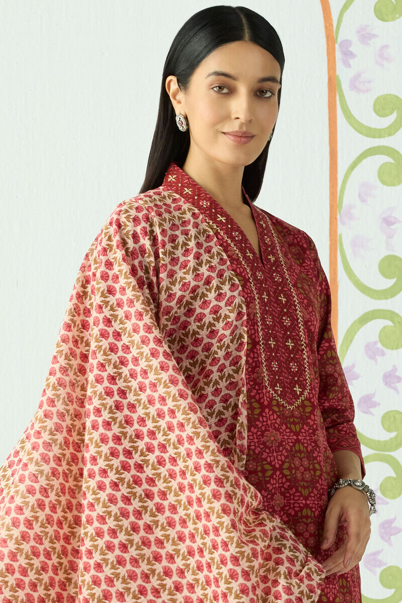 Maroon Hand Printed Kota Dupatta