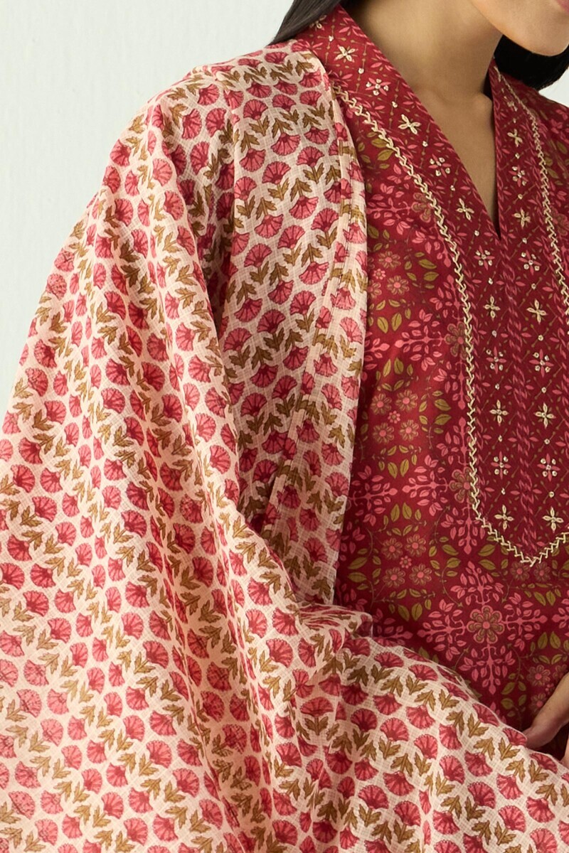Maroon Hand Printed Kota Dupatta