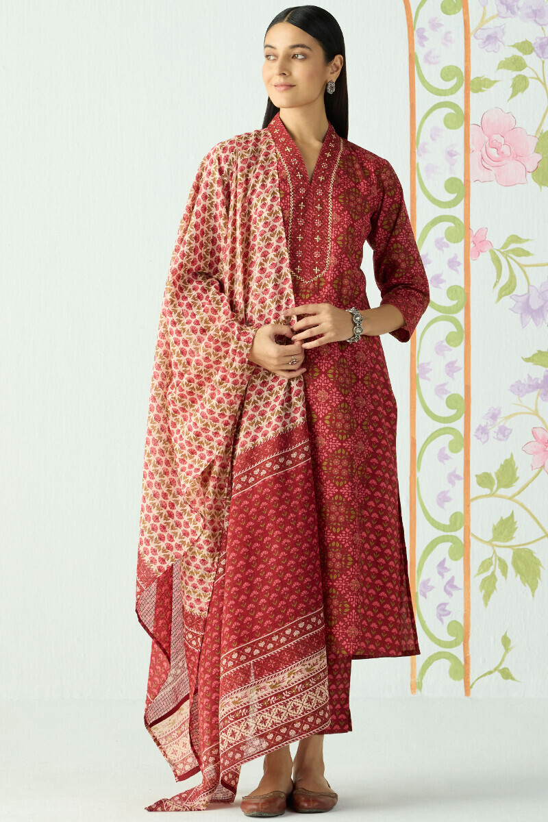 Maroon Hand Printed Kota Dupatta