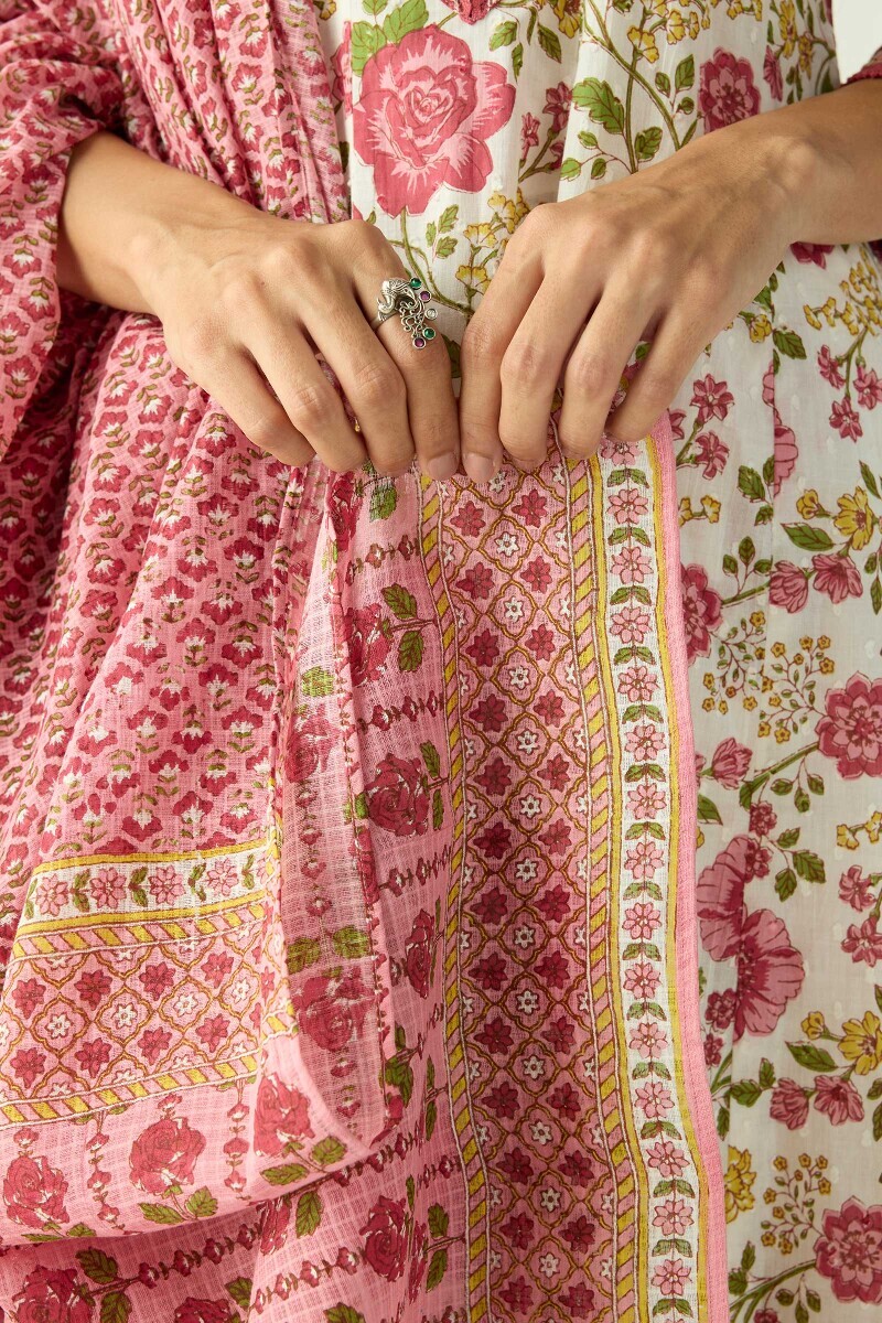 Pink Hand Printed Kota Dupatta