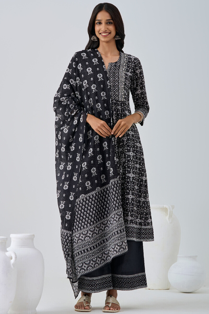 Black Hand Printed Kota Dupatta
